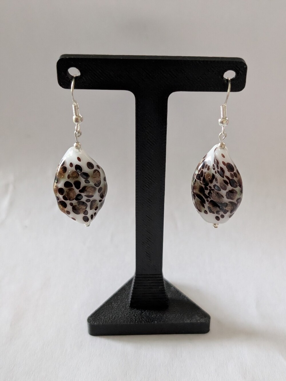 Handmade Leopard Print Glass Earrings • White & Gold Art Glass • 925 Sterling